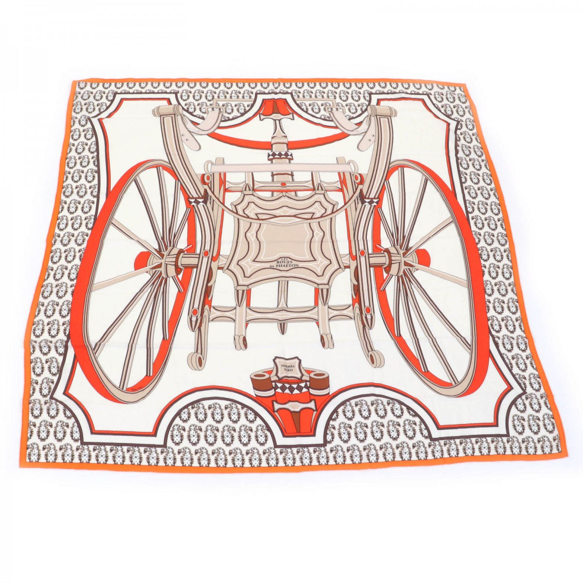 HERMES scarf cashmere BLANC/ORANGE/BRUN Carre140 LES ROUES DE PHAETON Wagon wheel