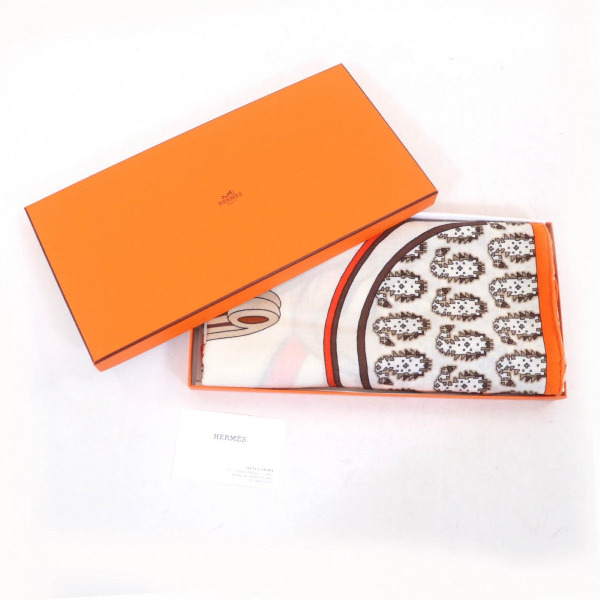 HERMES scarf cashmere BLANC/ORANGE/BRUN Carre140 LES ROUES DE PHAETON Wagon wheel