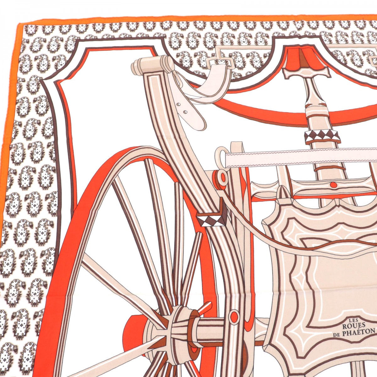 HERMES scarf cashmere BLANC/ORANGE/BRUN Carre140 LES ROUES DE PHAETON Wagon wheel