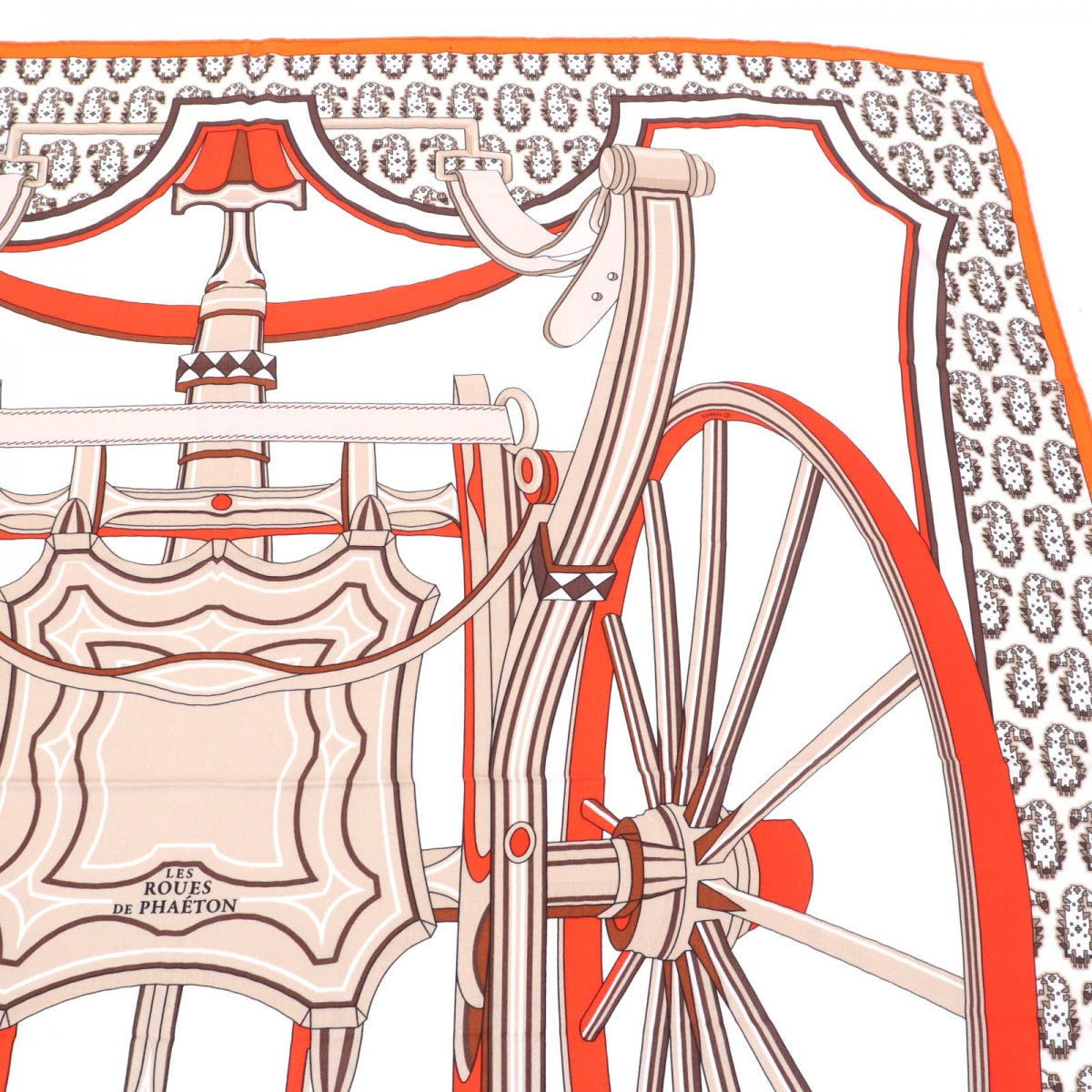HERMES scarf cashmere BLANC/ORANGE/BRUN Carre140 LES ROUES DE PHAETON Wagon wheel