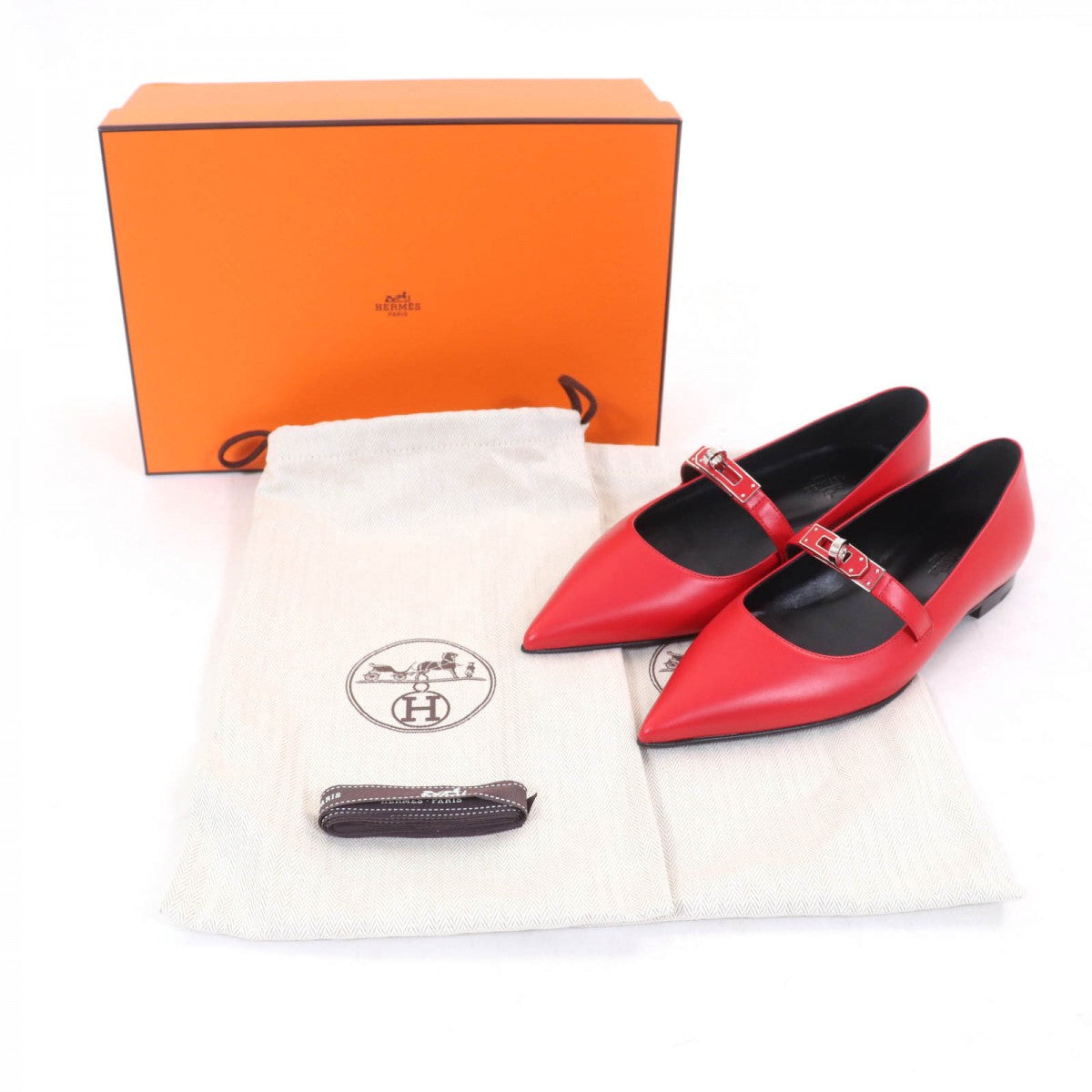 HERMES pumps 251001Z leather Rouge Viff Kelly ballet flats 37