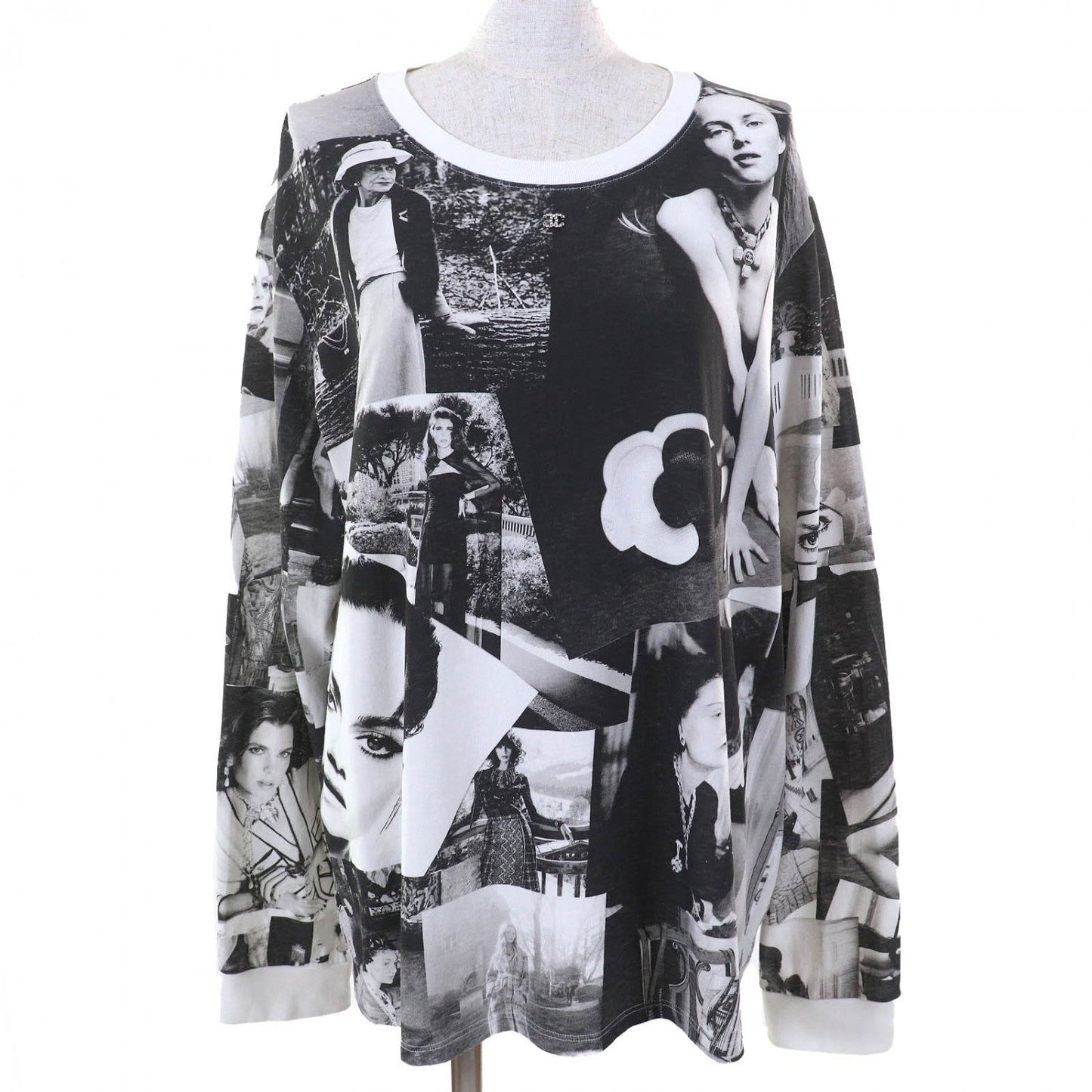 CHANEL Long-sleeved T-shirt P74802 cotton Black type Gray White L