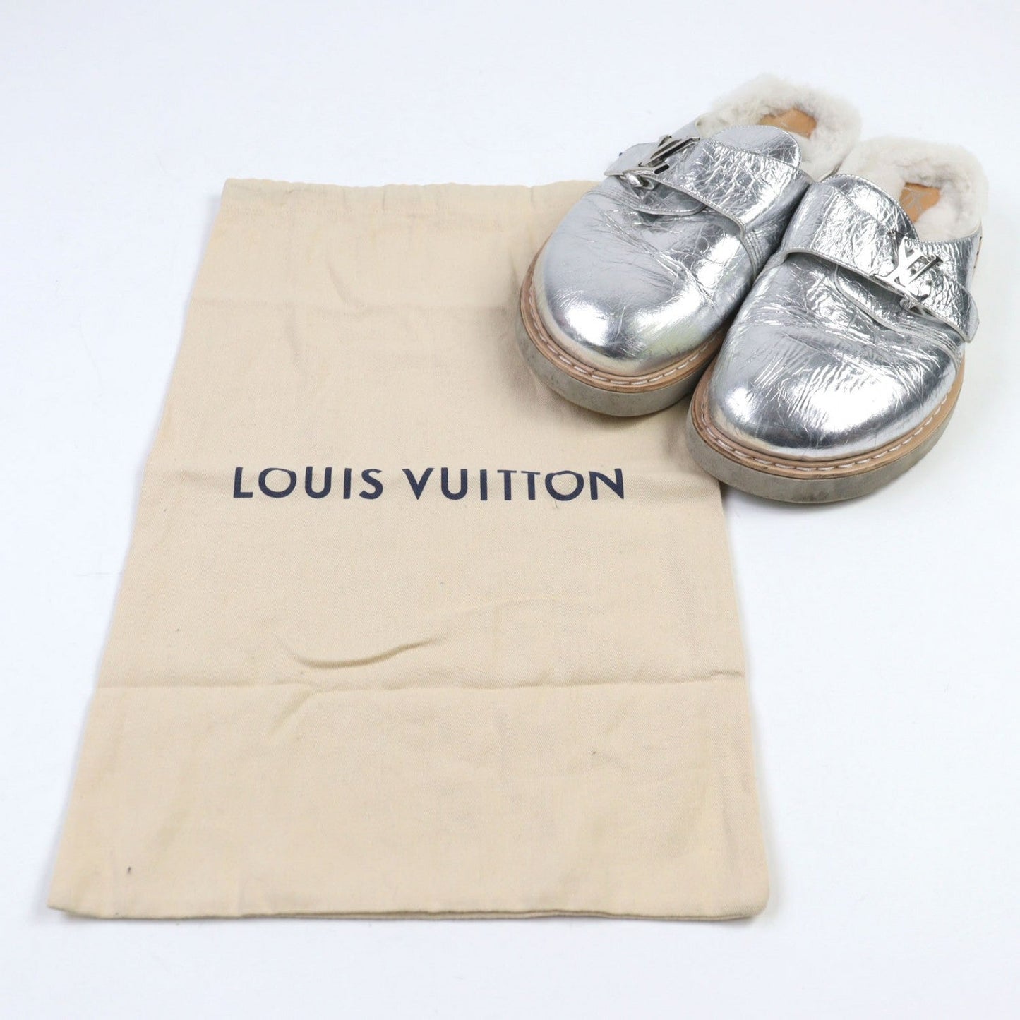 LOUIS VUITTON Sandals 1A9INM leather Silver LV Easy Line Mules 7