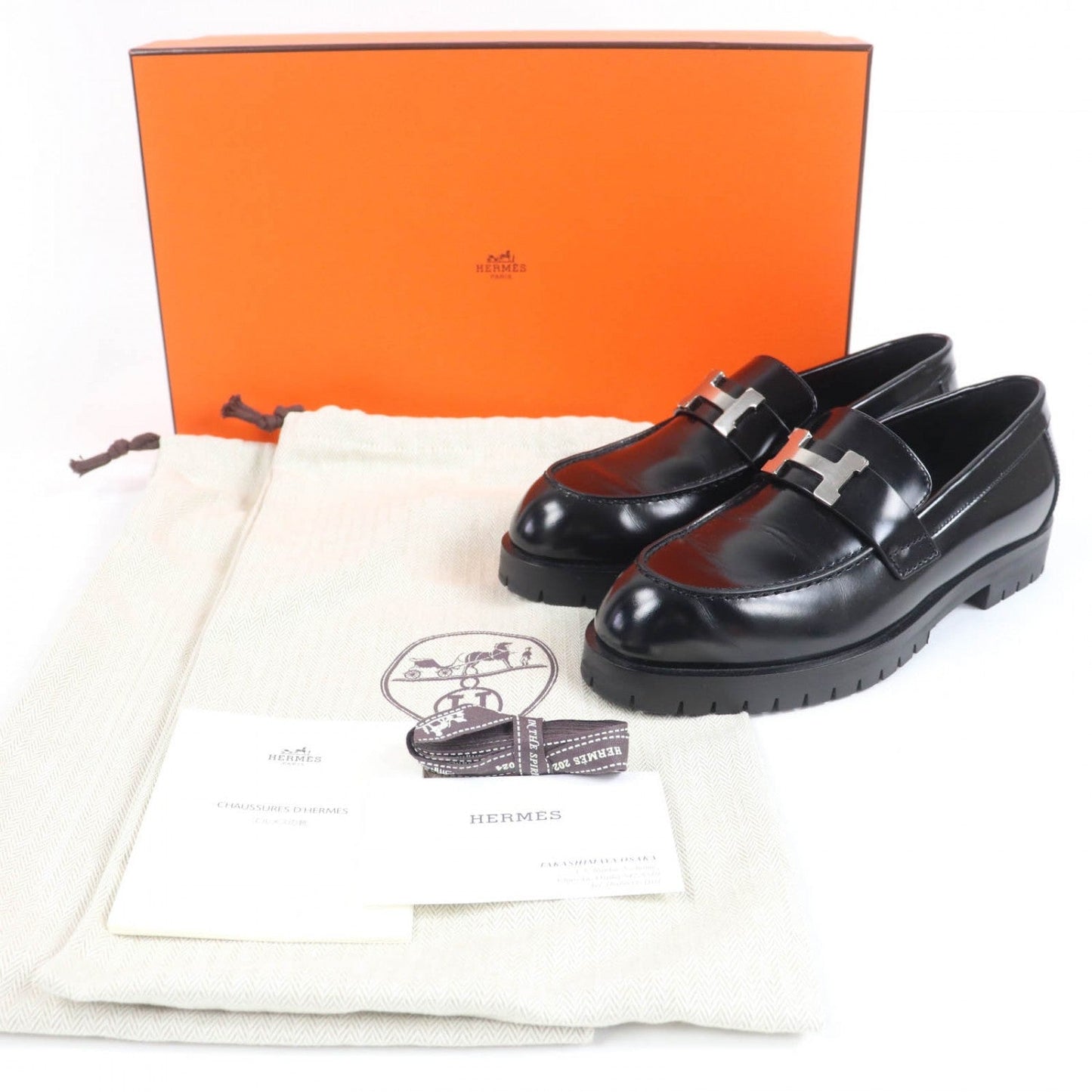 HERMES loafers leather black Moccasin Faubourg Constance Loafers 35