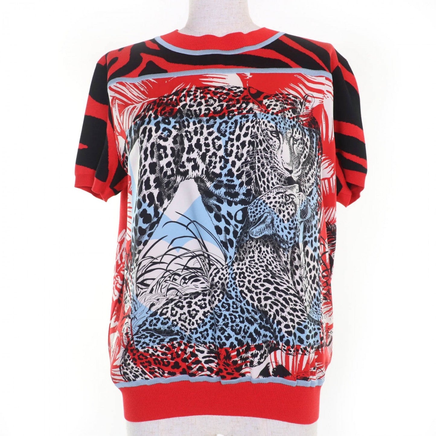 HERMES Short sleeve knit 3E2868D3 silk Red type Jungle love 40