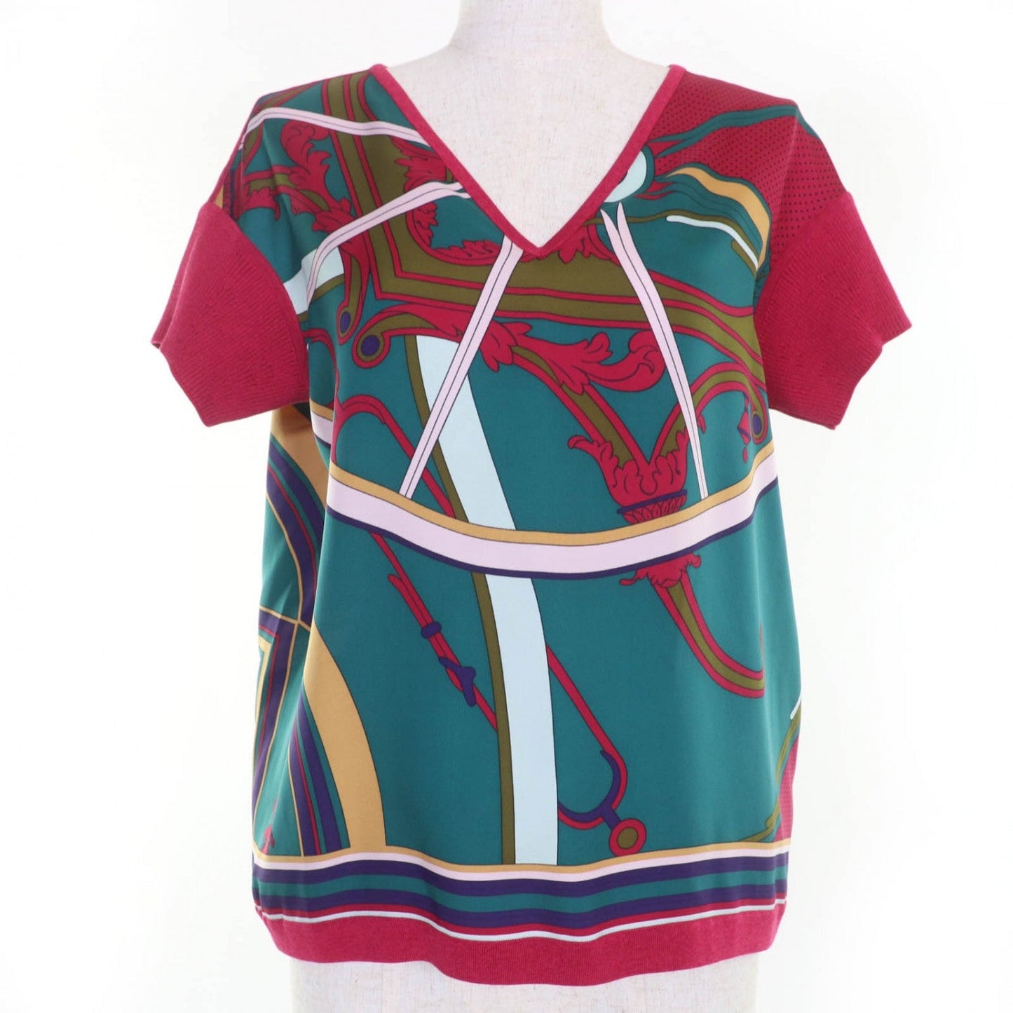 HERMES Short sleeve knit silk multicolor George Washington carriage 40