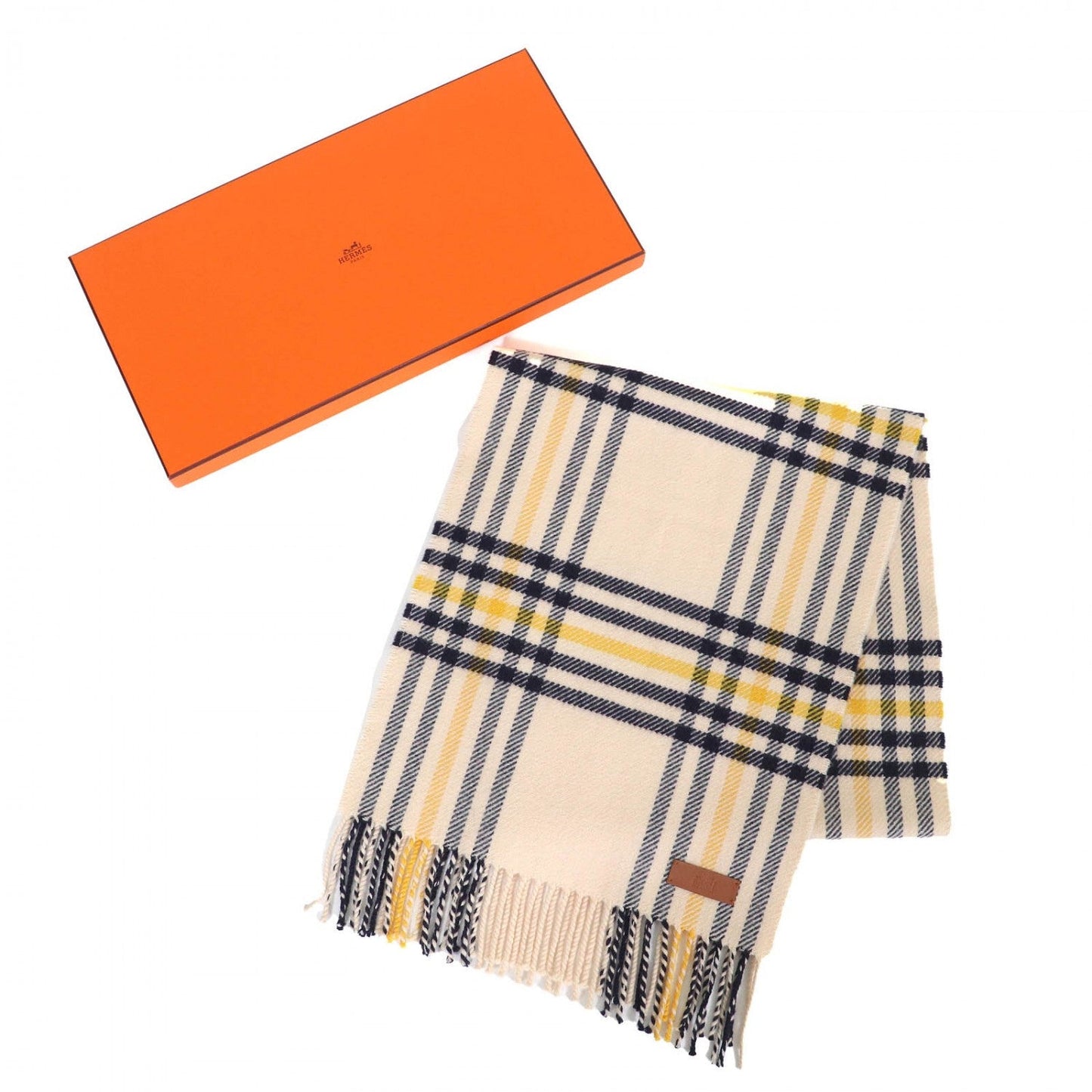 HERMES Scarf cashmere Cream Navy Yellow