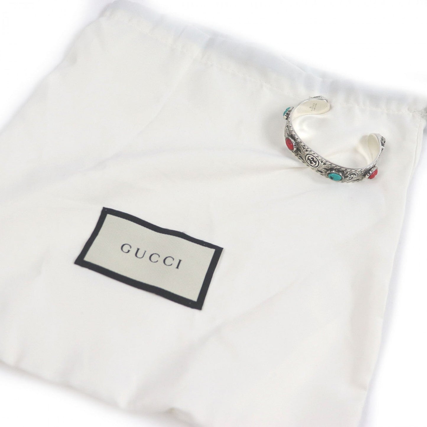 GUCCI Bangle 524922 AG925 Silver Turquoise Red Cat head 16