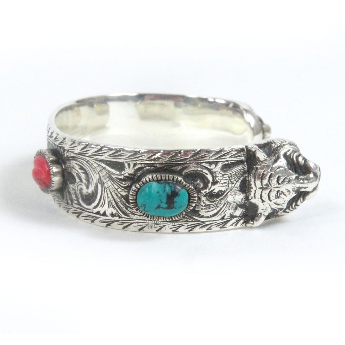 GUCCI Bangle 524922 AG925 Silver Turquoise Red Cat head 16