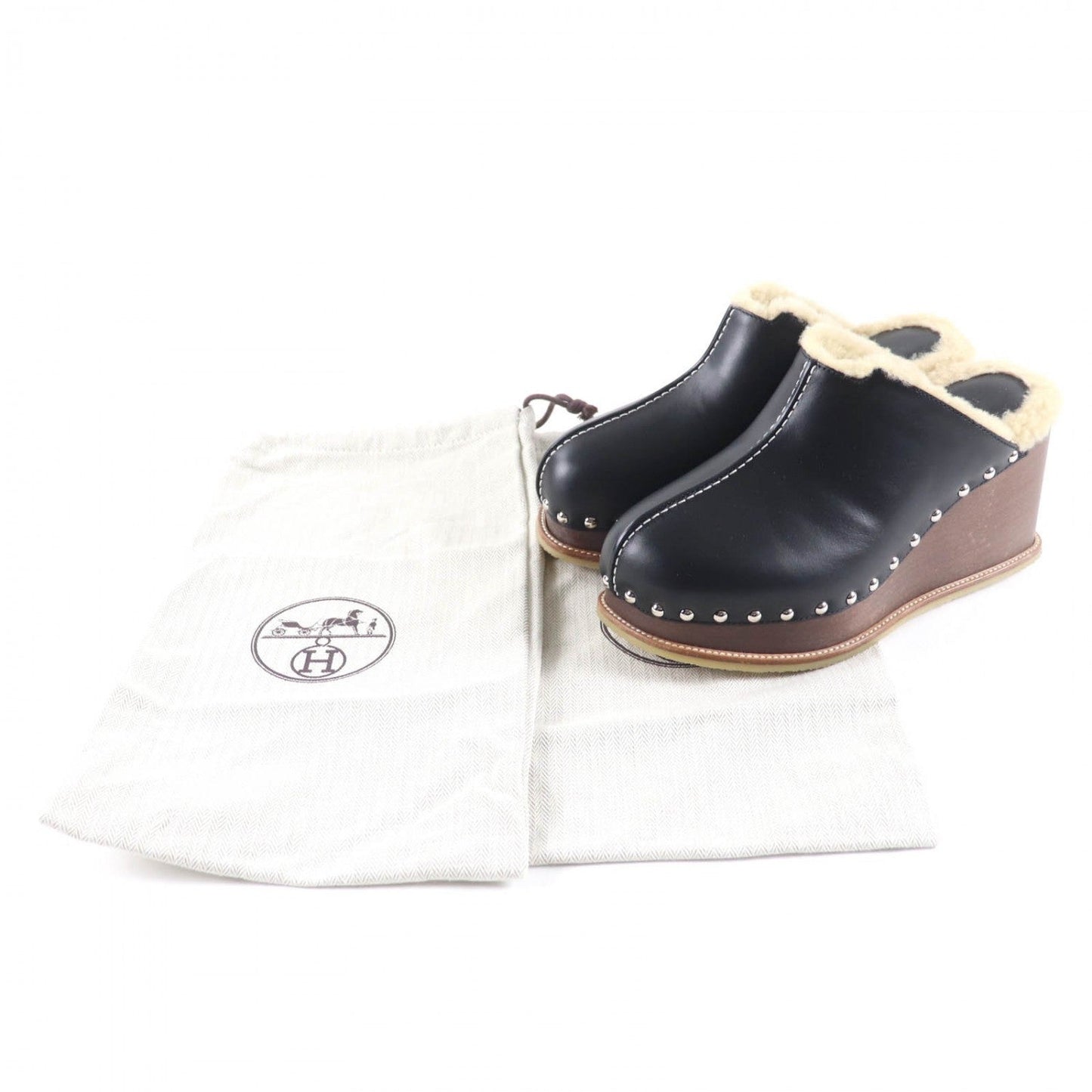 HERMES Sandals leather black Earth 37