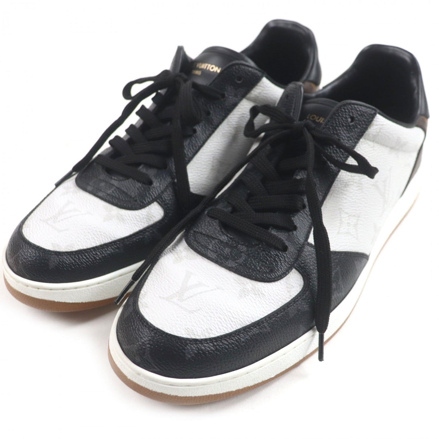 LOUIS VUITTON Low cut sneakers Monogram canvas Black white brown Rivoli line 7.5