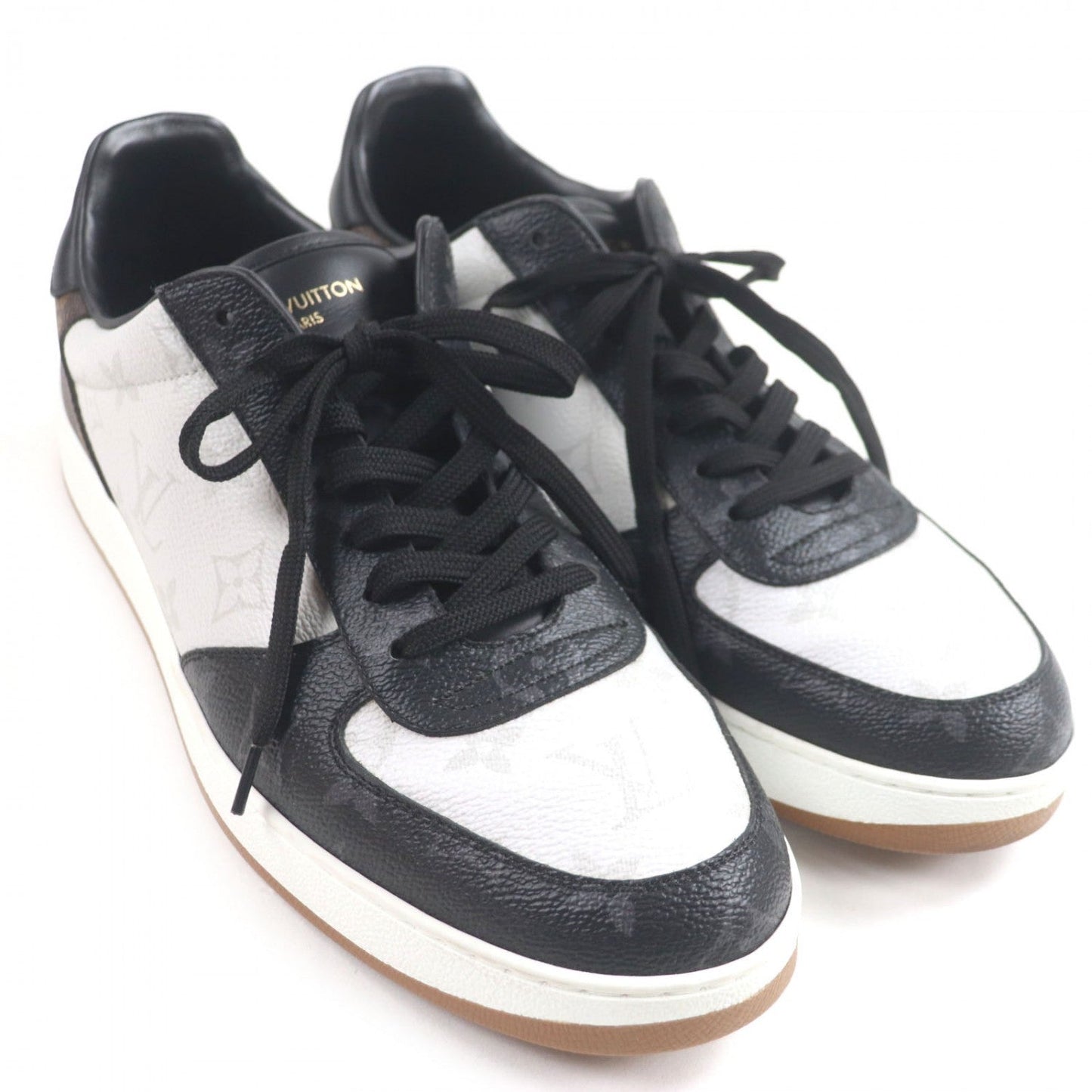 LOUIS VUITTON Low cut sneakers Monogram canvas Black white brown Rivoli line 7.5