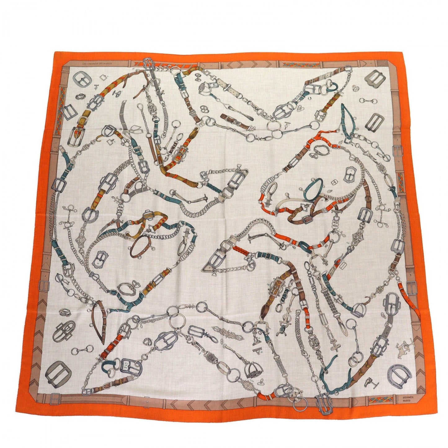 HERMES Stall cashmere Orange/Natural/Vert de Gris Carregeant Chevaux Deschenes