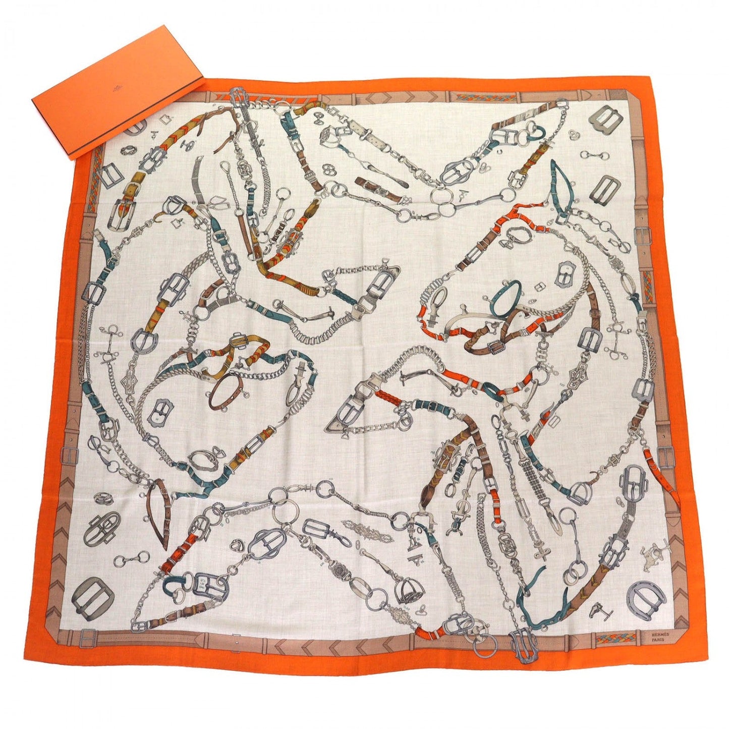 HERMES Stall cashmere Orange/Natural/Vert de Gris Carregeant Chevaux Deschenes