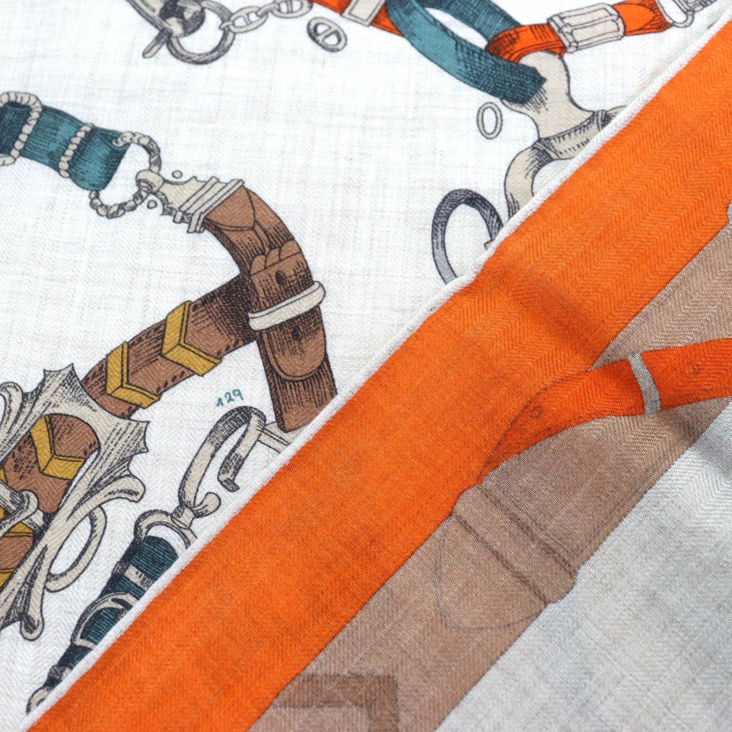 HERMES Stall cashmere Orange/Natural/Vert de Gris Carregeant Chevaux Deschenes