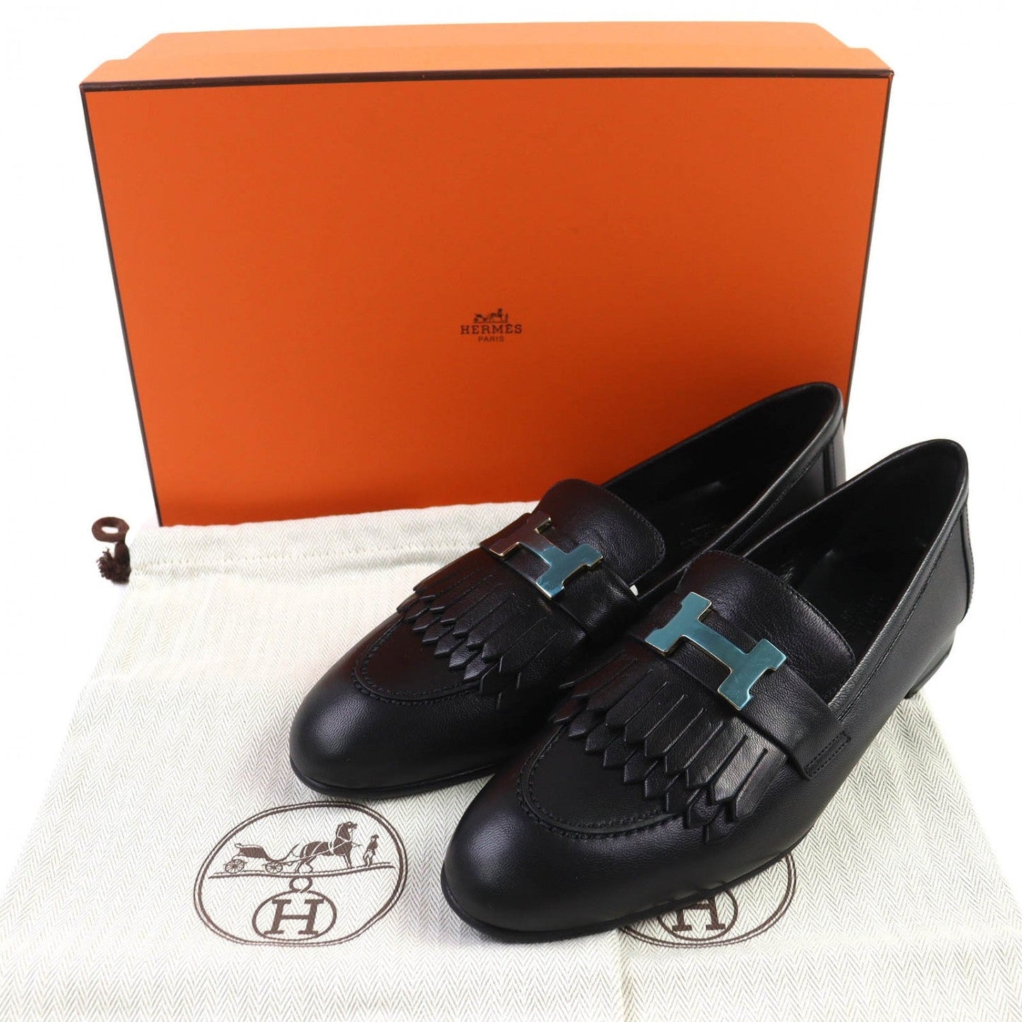 HERMES loafers leather black Royal 37