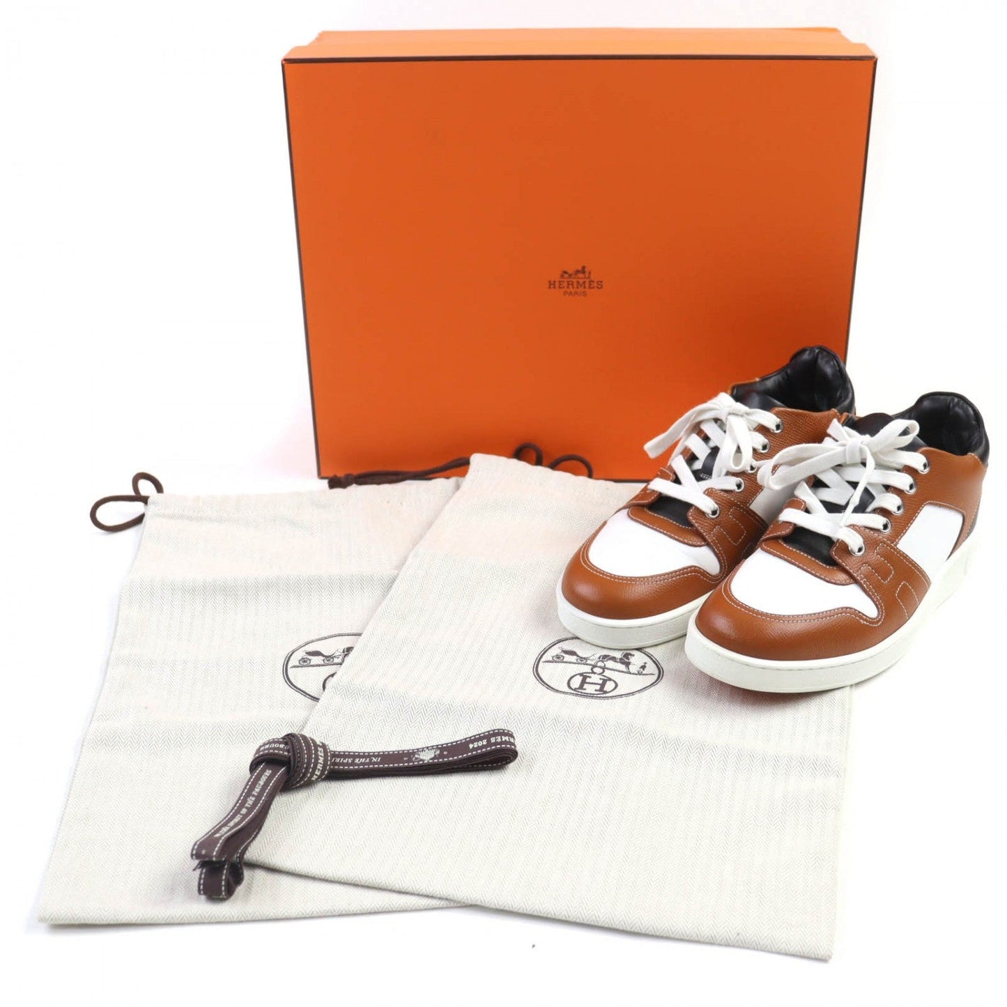 HERMES sneakers 222168Z leather White brown Free Free 35.5