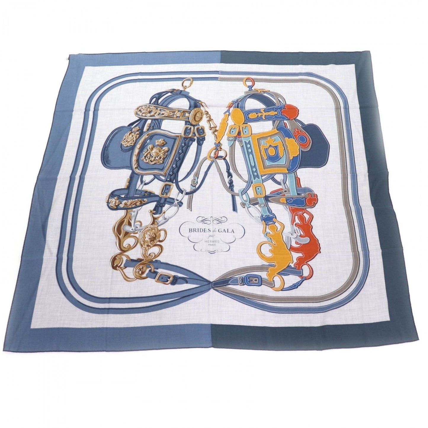 HERMES scarf cashmere Jean Blue/Gray Carre140 Bride de Gala Appliqué Piqué