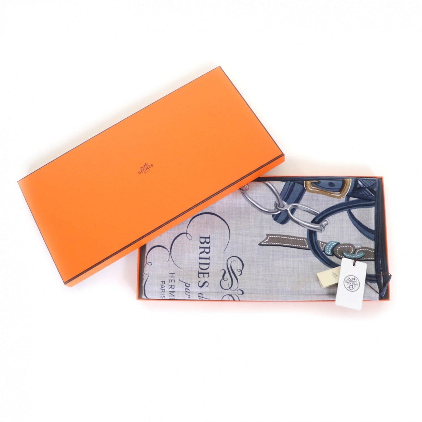 HERMES scarf cashmere Jean Blue/Gray Carre140 Bride de Gala Appliqué Piqué