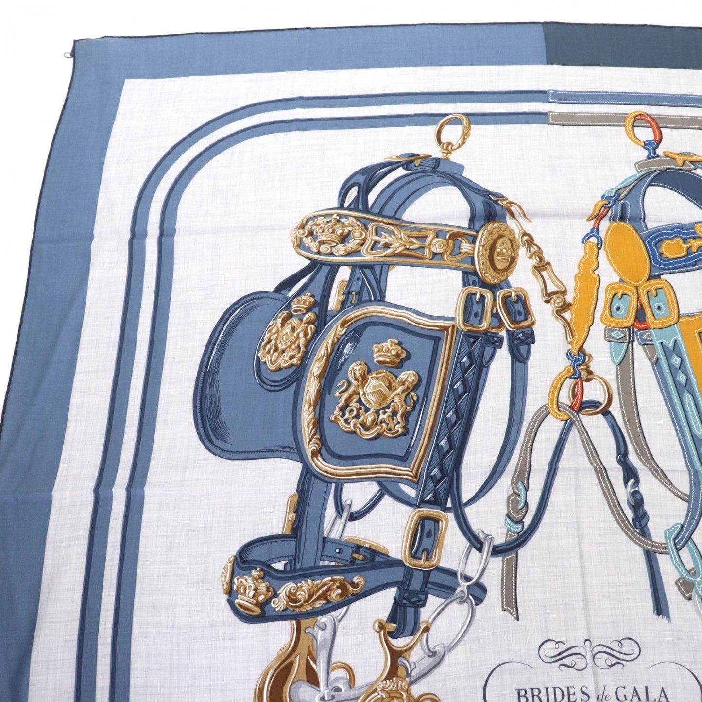 HERMES scarf cashmere Jean Blue/Gray Carre140 Bride de Gala Appliqué Piqué