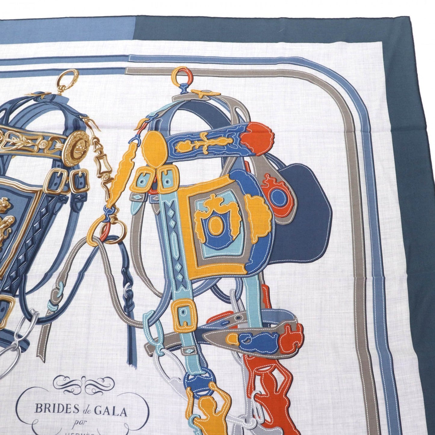 HERMES scarf cashmere Jean Blue/Gray Carre140 Bride de Gala Appliqué Piqué
