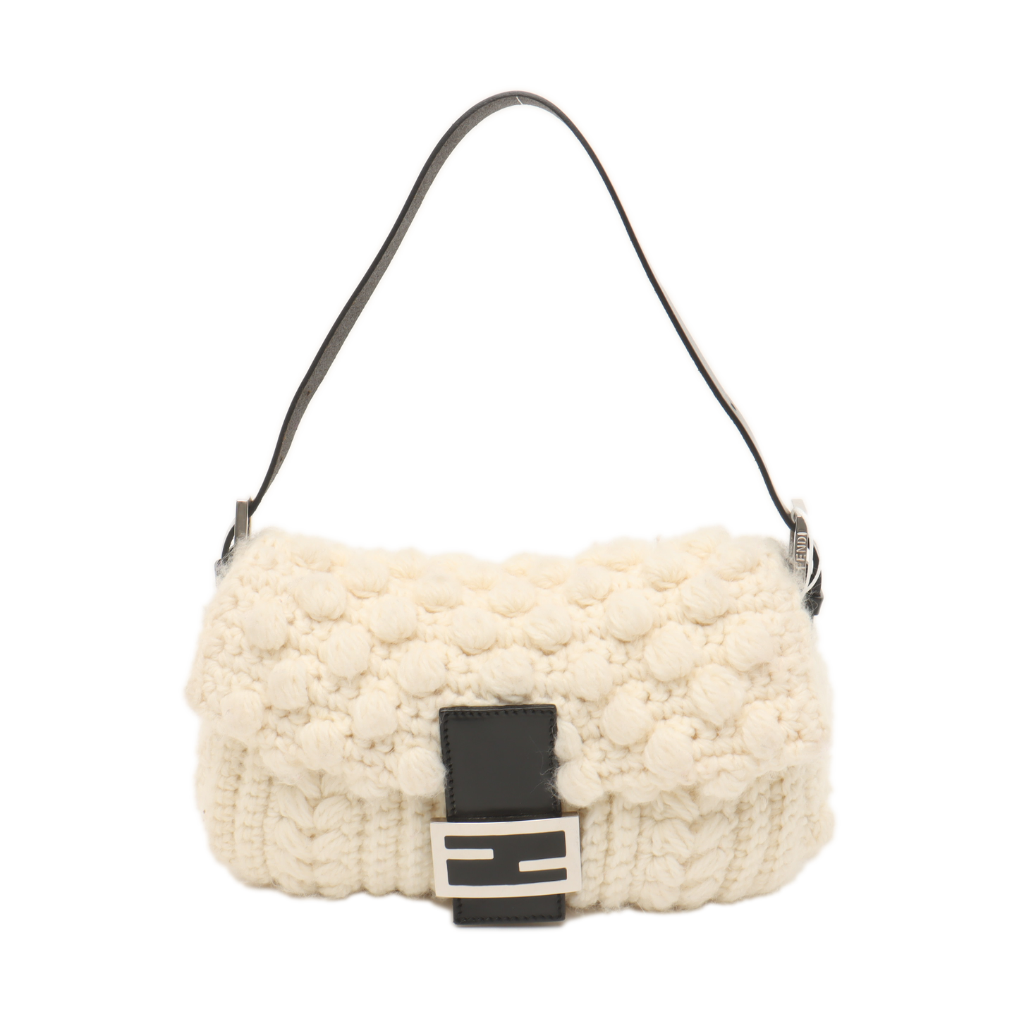Fendi Baguette Bag White Crochet Knit Wool Pompom Shoulder Bag