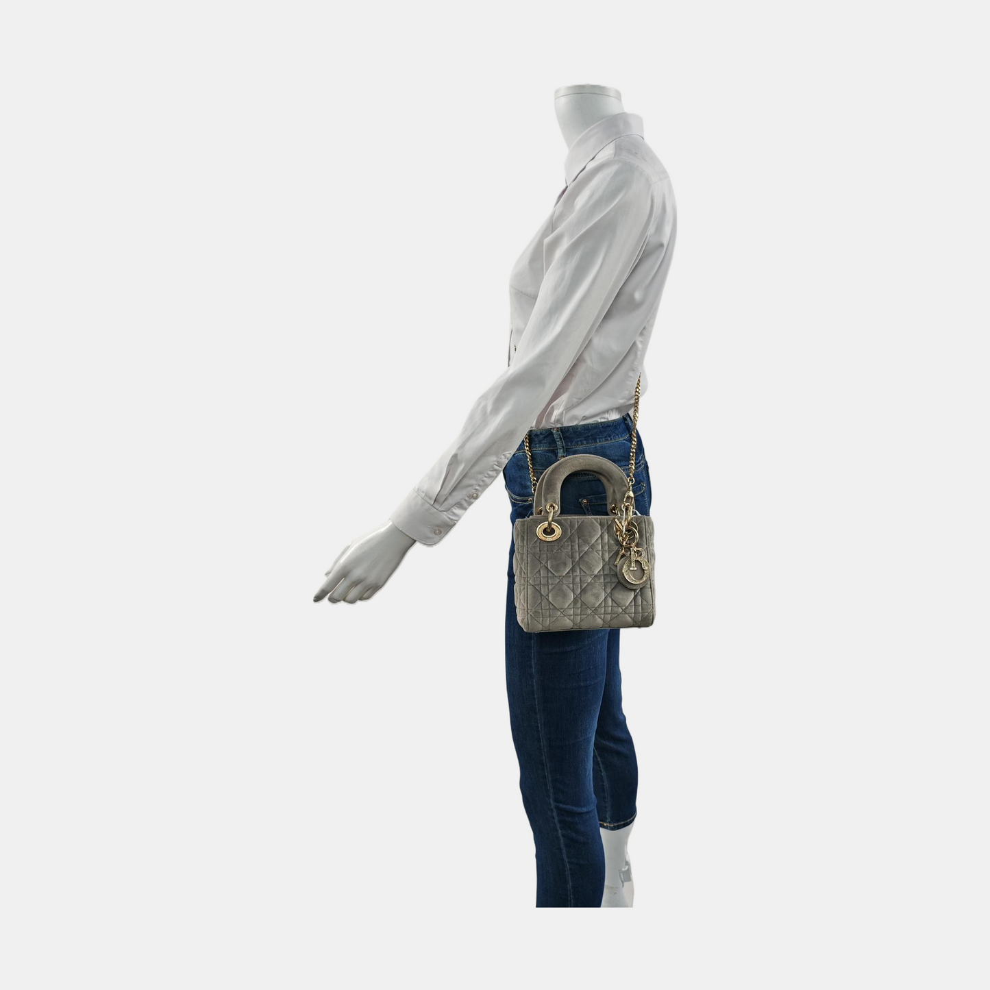 Lady Dior Mini Velvet Grey Gold Hardware Chain Strap