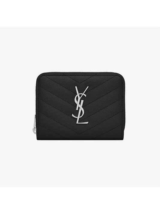 Luxury Saint Laurent Trending 2025 Matelasse Compact Zipper Leather Half Wallet Black