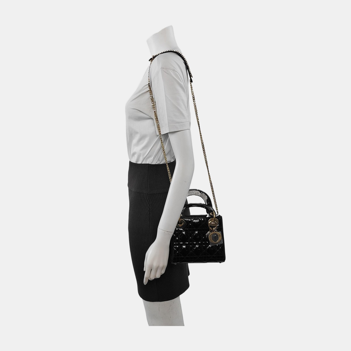 Lady Dior Mini Black Patent Leather Bag with gold hardware Chain Strap