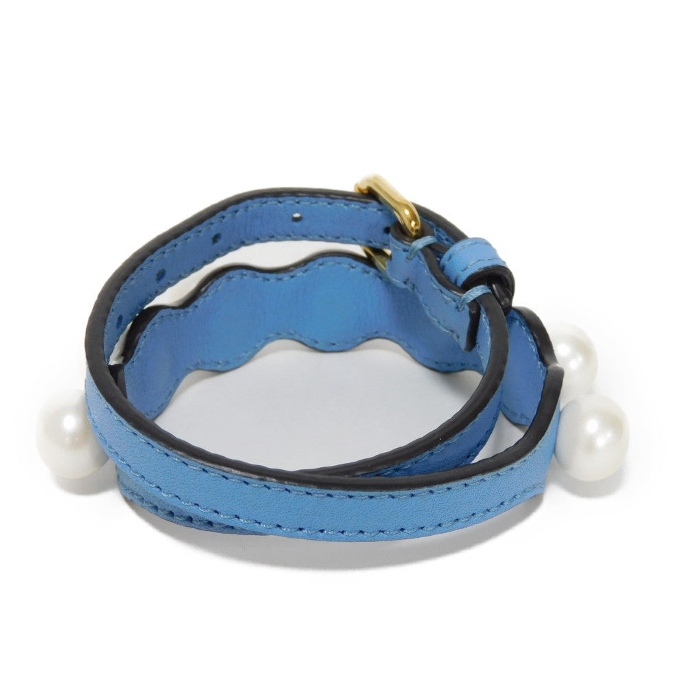 FENDI bracelet Calf leather Light blue S Calfskin Ivory White Double Wrap Double Wrap Good Condition logo engraving Bracelet Bijou Pearl Women