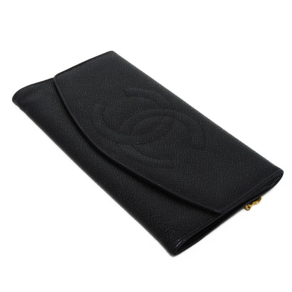 CHANEL Long Wallet Purse A01434 Caviar skin black COCO Mark CC Mark 4th Series Vintage Big Coco Long flap wallet unisex(Unisex)