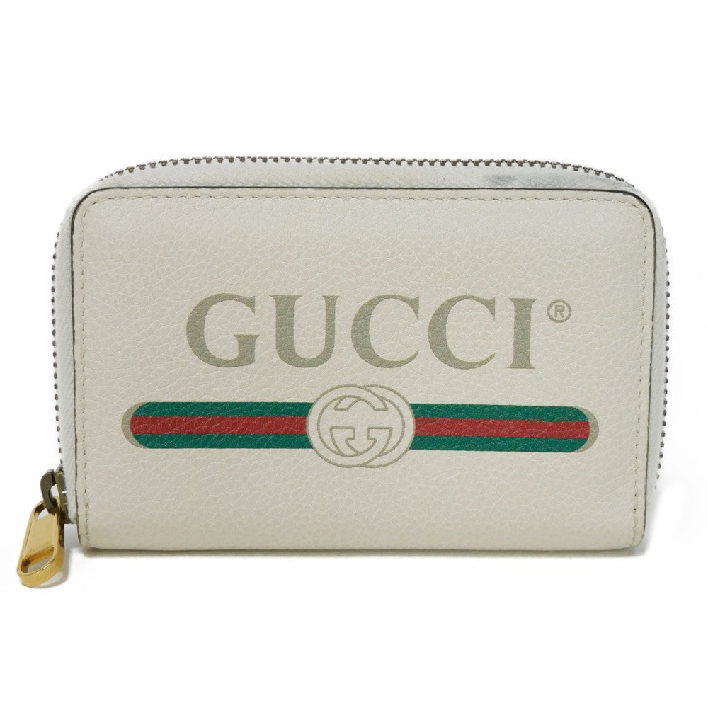 GUCCI Coin case 496319 0GCAT 8820 Textured leather Ivory x green x red Shelley Webb White Vintage logo print Compact zip-around wallet unisex(Unisex)