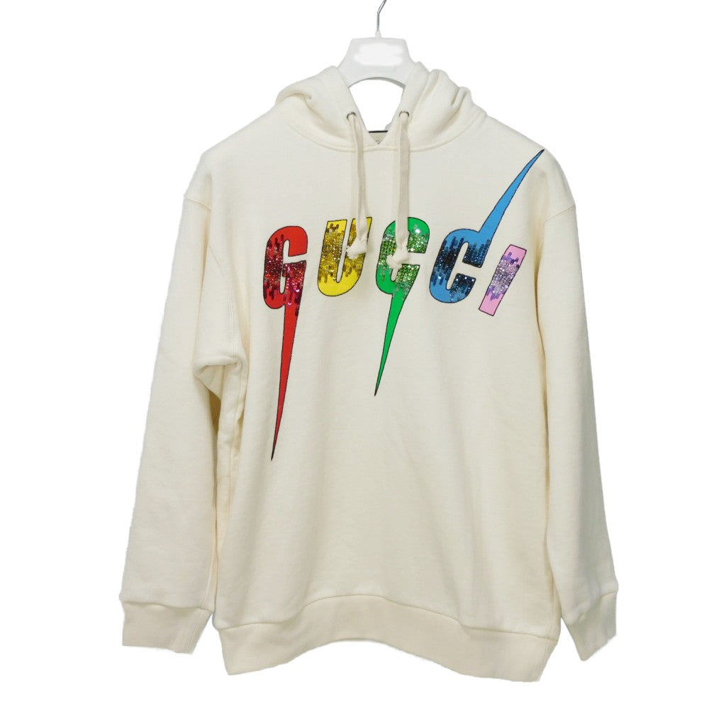 GUCCI Hoodie 469251 XJA0E 9230 cotton Ivory M Bijou Beads Multicolor logo Braided sequin hoodie unisex(Unisex) M