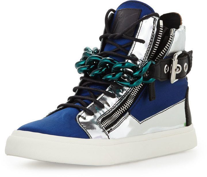 GIUSEPPE ZANOTTI MEN’S SATIN & METALLIC CHAIN HIGH-TOP SNEAKER IN BLUE AND SILVER