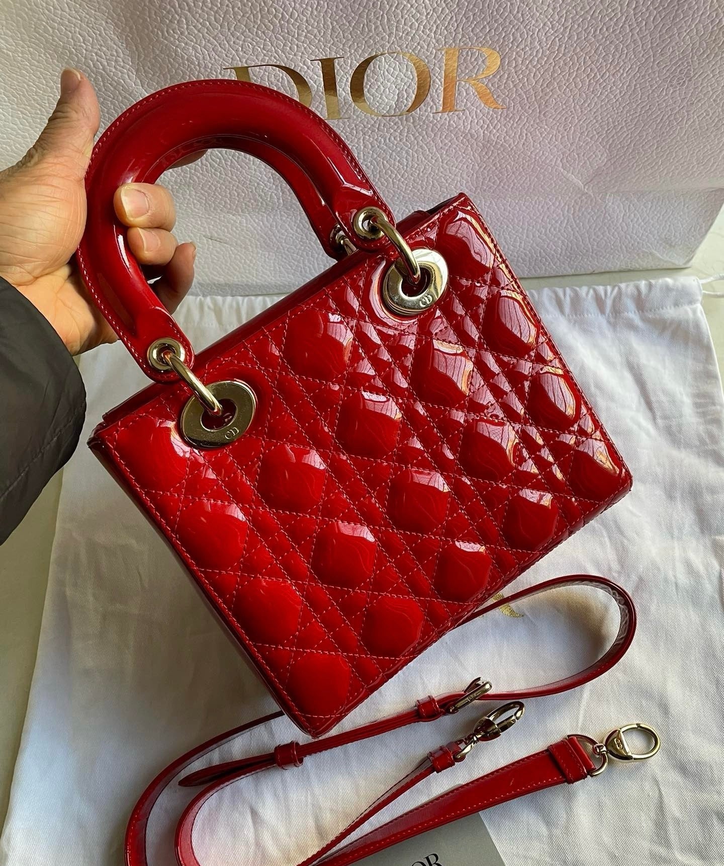 Lady Dior Small Red Patent Leather with Strap