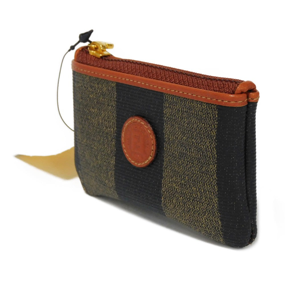 FENDI Coin case fabric Kaiqi Striped Brown Keyring Vintage FF logo Old Pecan Coin Purse unisex(Unisex)