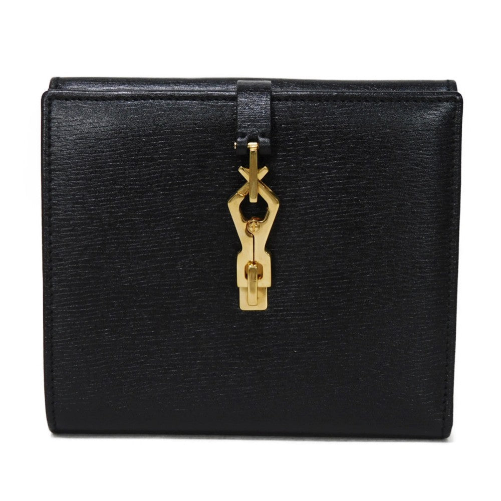 GUCCI Bifold Wallet 035 2169 Calf leather black Vintage Gold Billfold Coin Case Old Jackie Compact Wallet unisex(Unisex)
