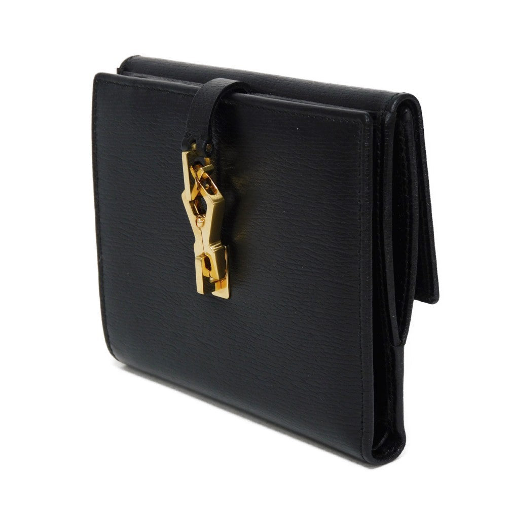 GUCCI Bifold Wallet 035 2169 Calf leather black Vintage Gold Billfold Coin Case Old Jackie Compact Wallet unisex(Unisex)