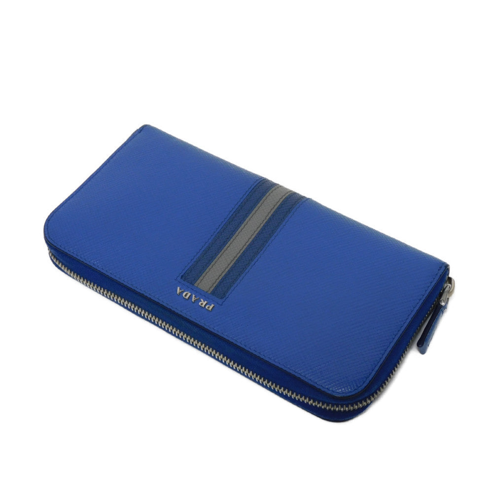 PRADA Long Wallet Purse 2ML317 Safiano leather (stamped) blue Gray Zip Around logo metal Saffiano striped round zip wallet unisex(Unisex)