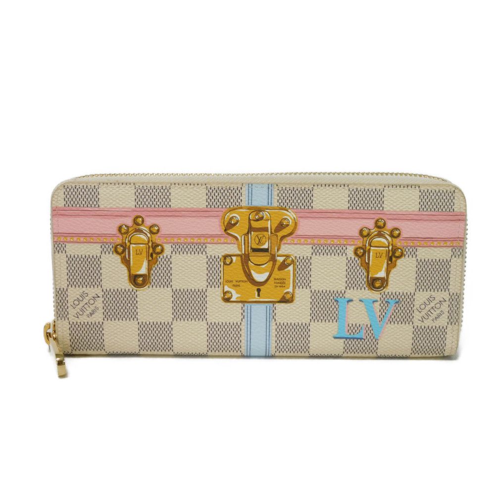 LOUIS VUITTON Long Wallet Purse N60109 Damier Azul Canvas (LV Trunk Print) x Grain Leather Rose valerine LV logo trompe l'oeil Damier As Summer Trunk Portefeuille Clemence Women