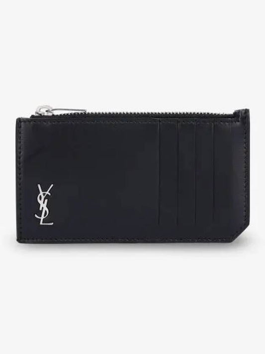 Luxury Saint Laurent Trending 2025 Tiny Cassandre Fragments Silver Hardware Leather Zipper Card Wallet Black