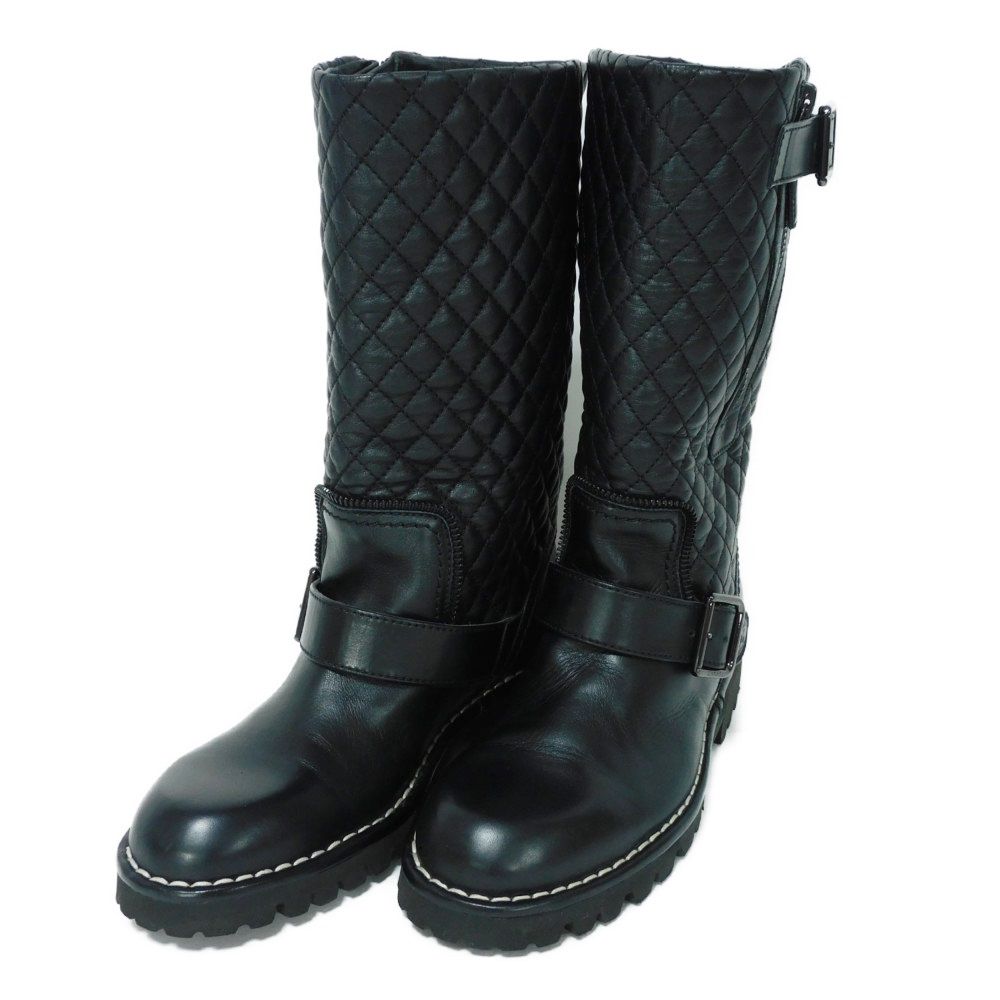 CHANEL boots G28566 lambskin black Belt Quilted Side Zip Engineer CC mark Matelasse COCO Mark Engineer Women 34