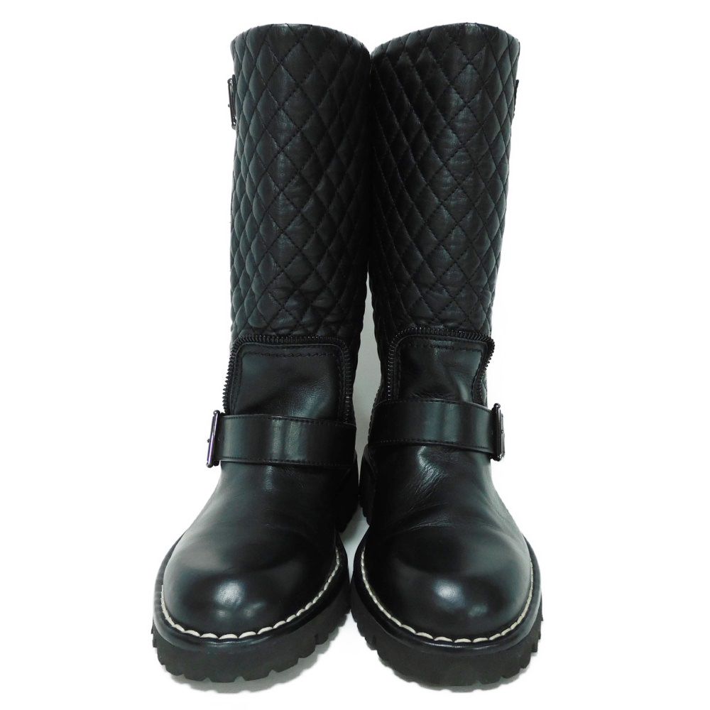 CHANEL boots G28566 lambskin black Belt Quilted Side Zip Engineer CC mark Matelasse COCO Mark Engineer Women 34