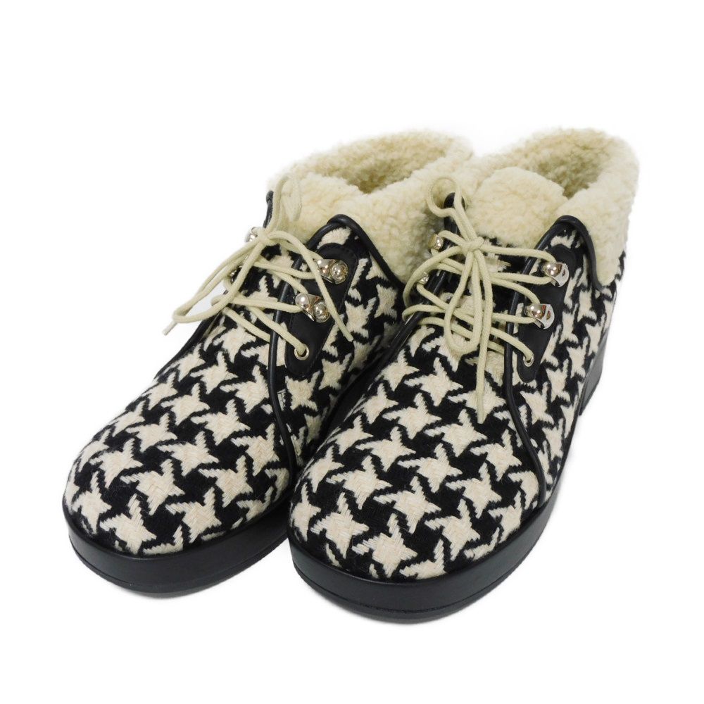 GUCCI boots 591039 wool Ivory Houndstooth pattern, all-over pattern, black, lace-up, unused Tweed Boa Ankle Women 37