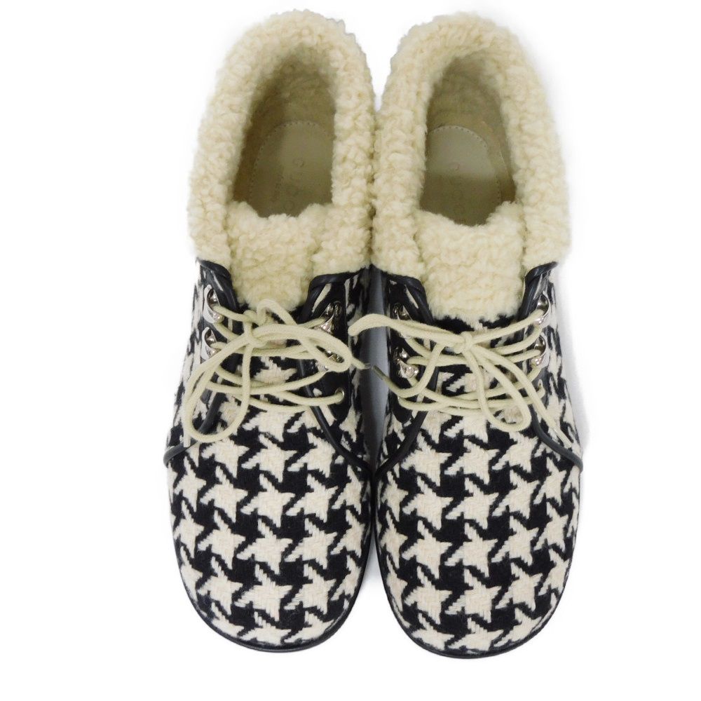 GUCCI boots 591039 wool Ivory Houndstooth pattern, all-over pattern, black, lace-up, unused Tweed Boa Ankle Women 37