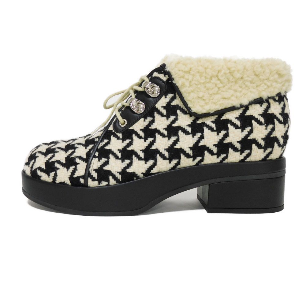 GUCCI boots 591039 wool Ivory Houndstooth pattern, all-over pattern, black, lace-up, unused Tweed Boa Ankle Women 37