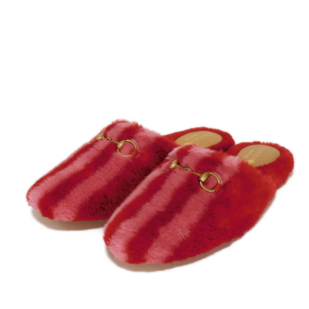 GUCCI Mule 722442 Fur x calf leather Two-tone color (red) Adidas Horsebit fur flat shoes 36 1/2