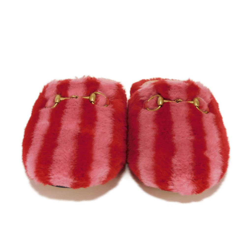 GUCCI Mule 722442 Fur x calf leather Two-tone color (red) Adidas Horsebit fur flat shoes 36 1/2