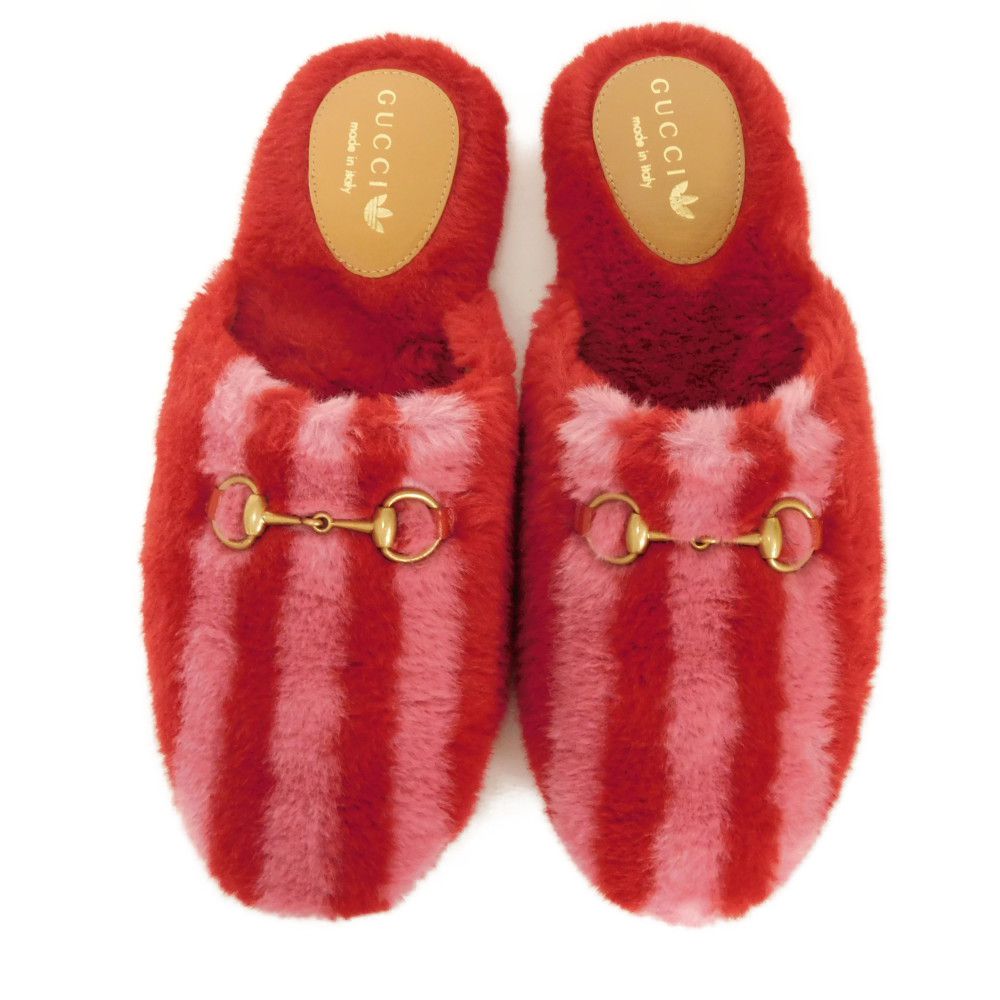 GUCCI Mule 722442 Fur x calf leather Two-tone color (red) Adidas Horsebit fur flat shoes 36 1/2