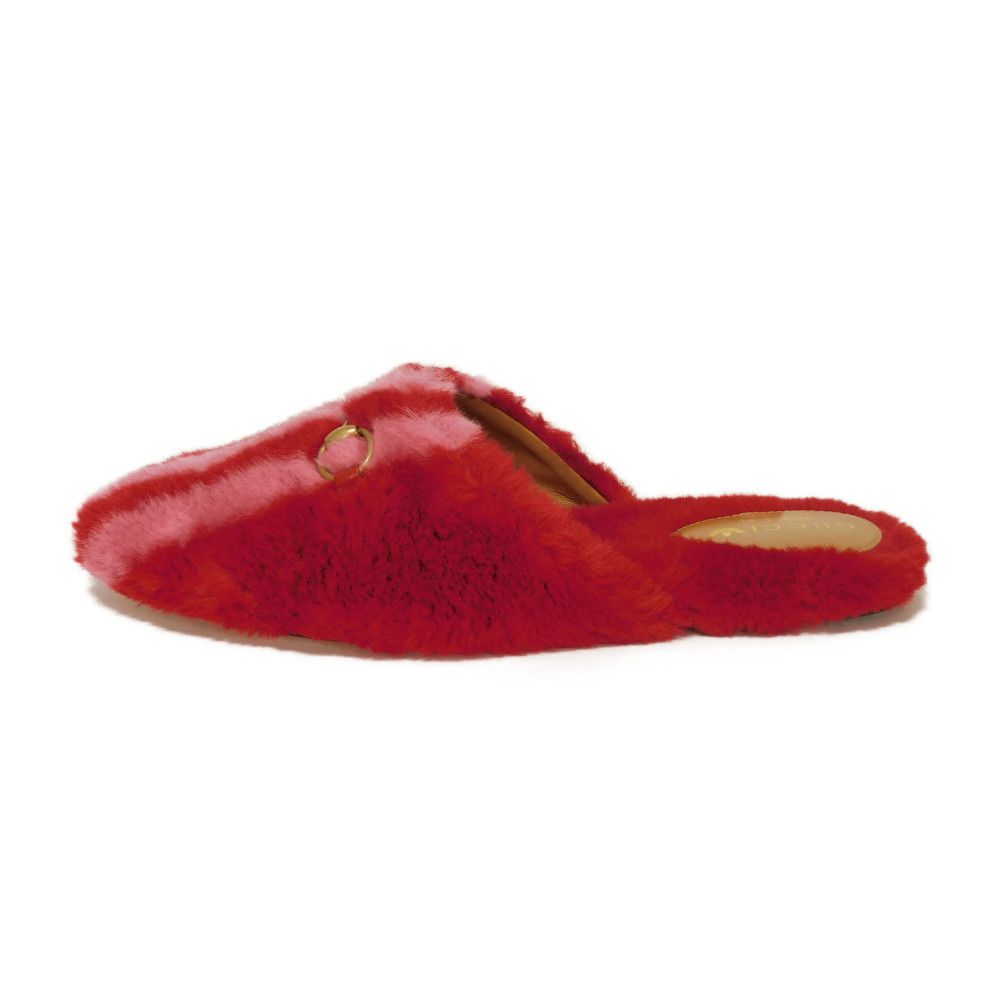 GUCCI Mule 722442 Fur x calf leather Two-tone color (red) Adidas Horsebit fur flat shoes 36 1/2